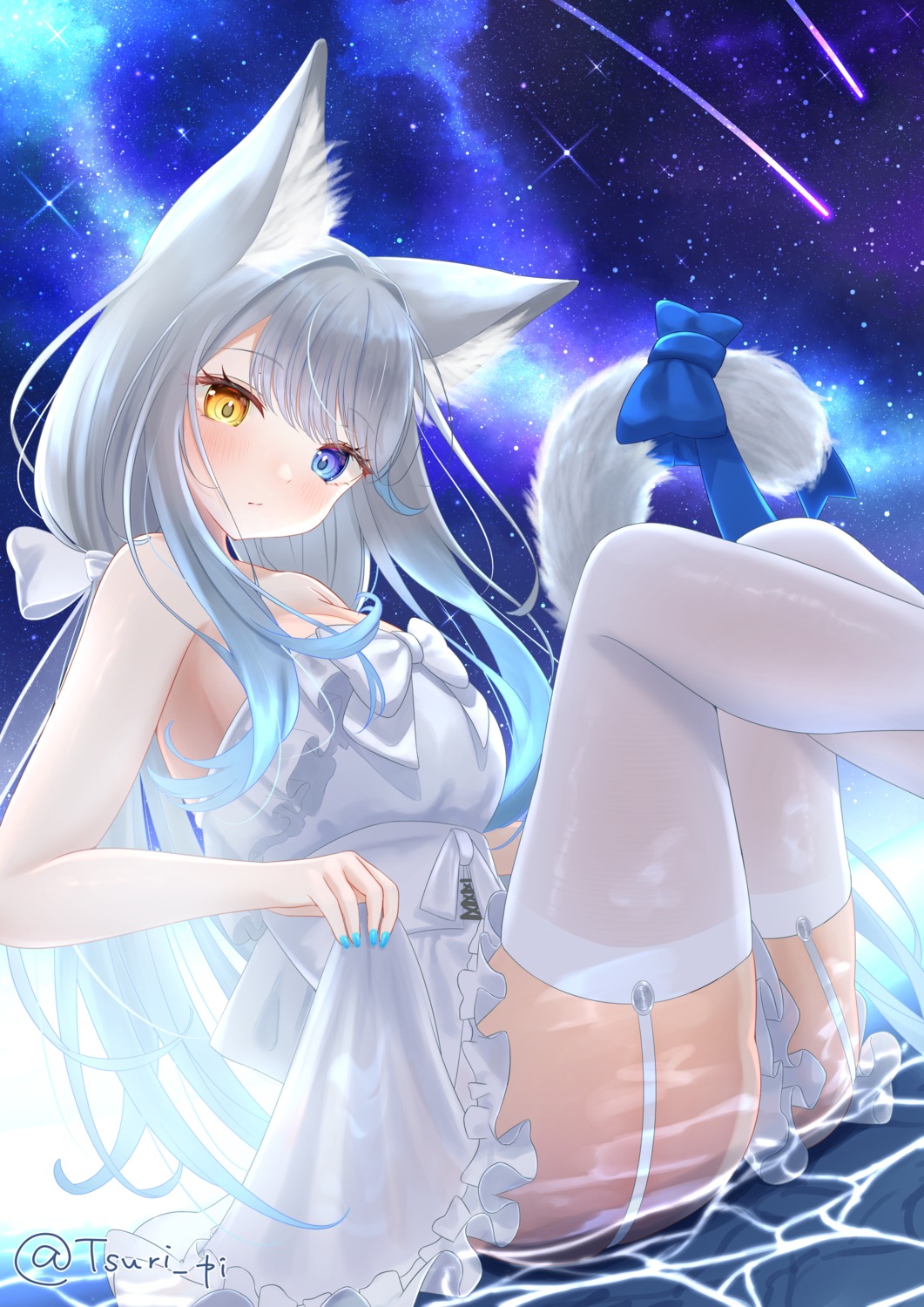 animal_ears dress heterochromia nekomimi no_bra skirt_lift stockings tail thighhighs tsuri_pi wet