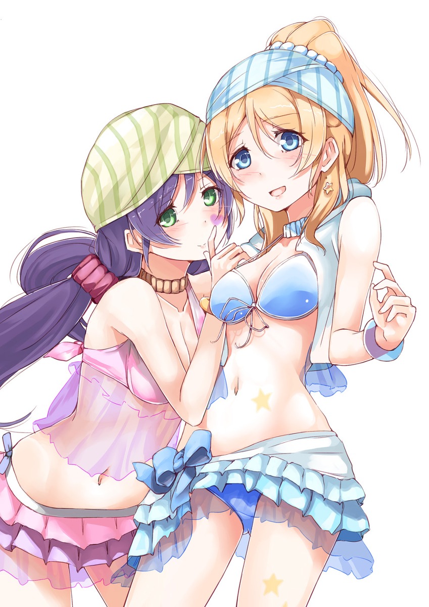 ayase_eli bikini cleavage jouzou_tsukasa love_live! see_through swimsuits toujou_nozomi