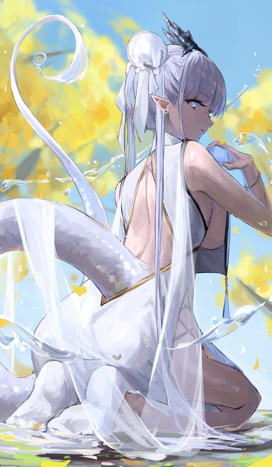 asian_clothes horns no_bra pointy_ears tagme tail wet