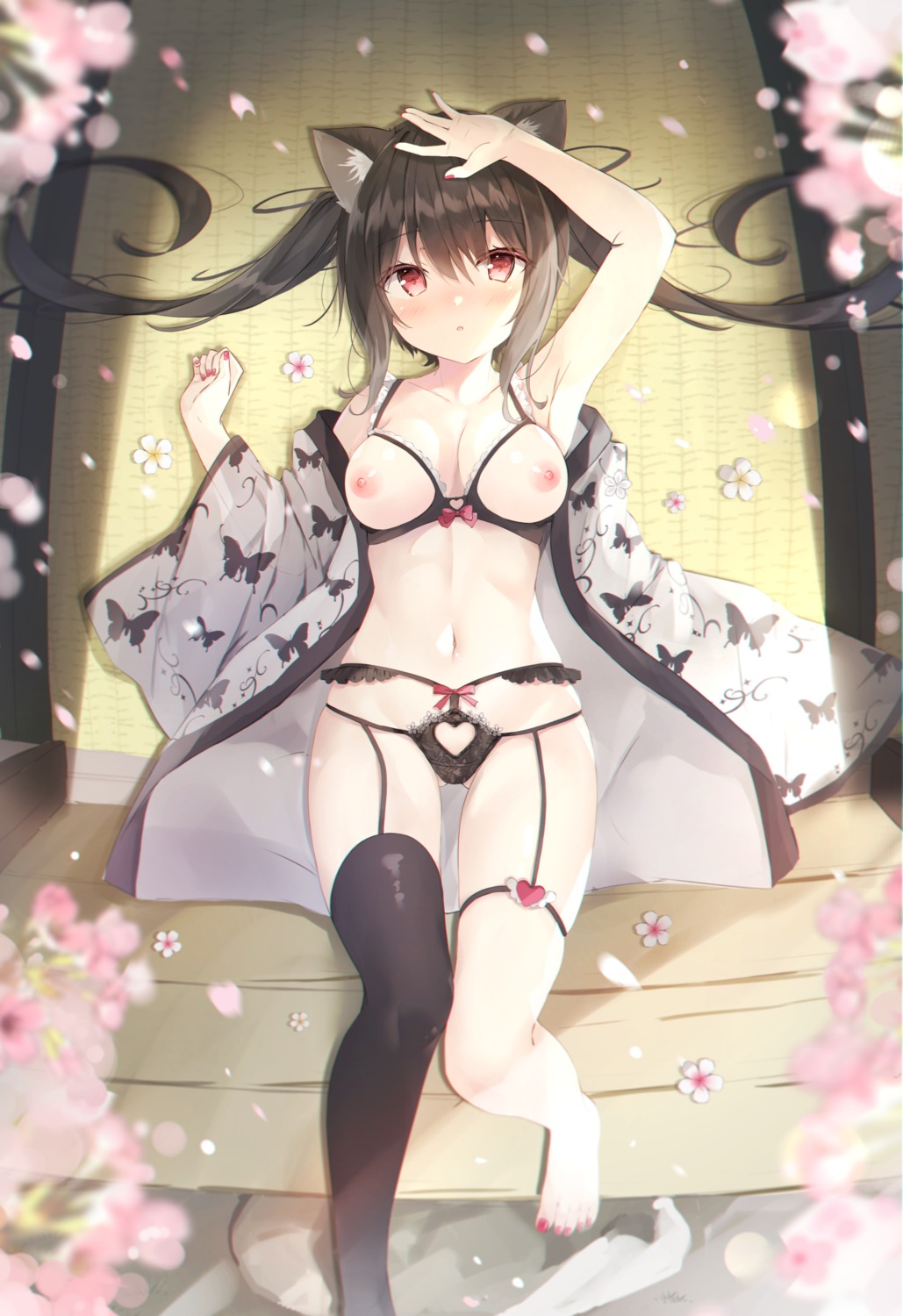 animal_ears bra breasts garter garter_belt japanese_clothes lingerie nekomimi nipples open_shirt pantsu saeki_sola stockings thighhighs