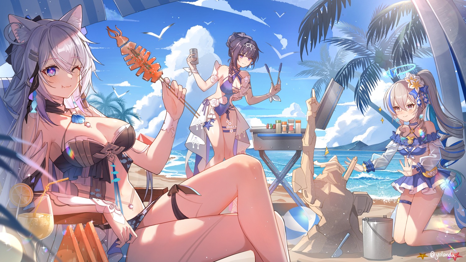 animal_ears benghuai_xueyuan bikini bronya_zaychik honkai_impact kiana_kaslana raiden_mei swimsuits yolanda