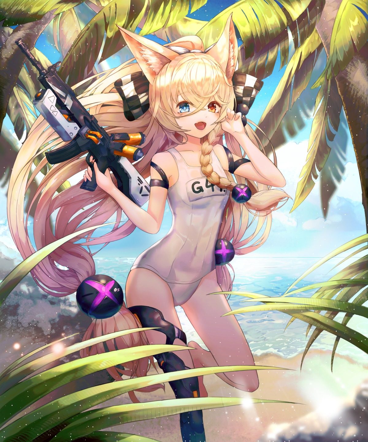 animal_ears g41_(girls_frontline) girls_frontline gun heterochromia ita_(itta) school_swimsuit swimsuits thighhighs