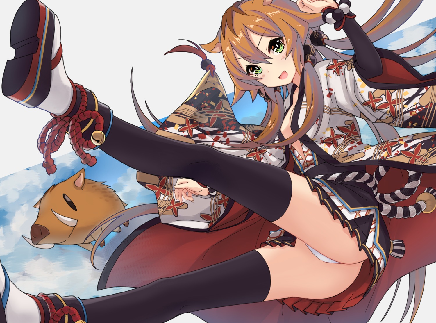 cleavage japanese_clothes nemeneko_6 no_bra open_shirt pantsu skirt_lift thighhighs thong