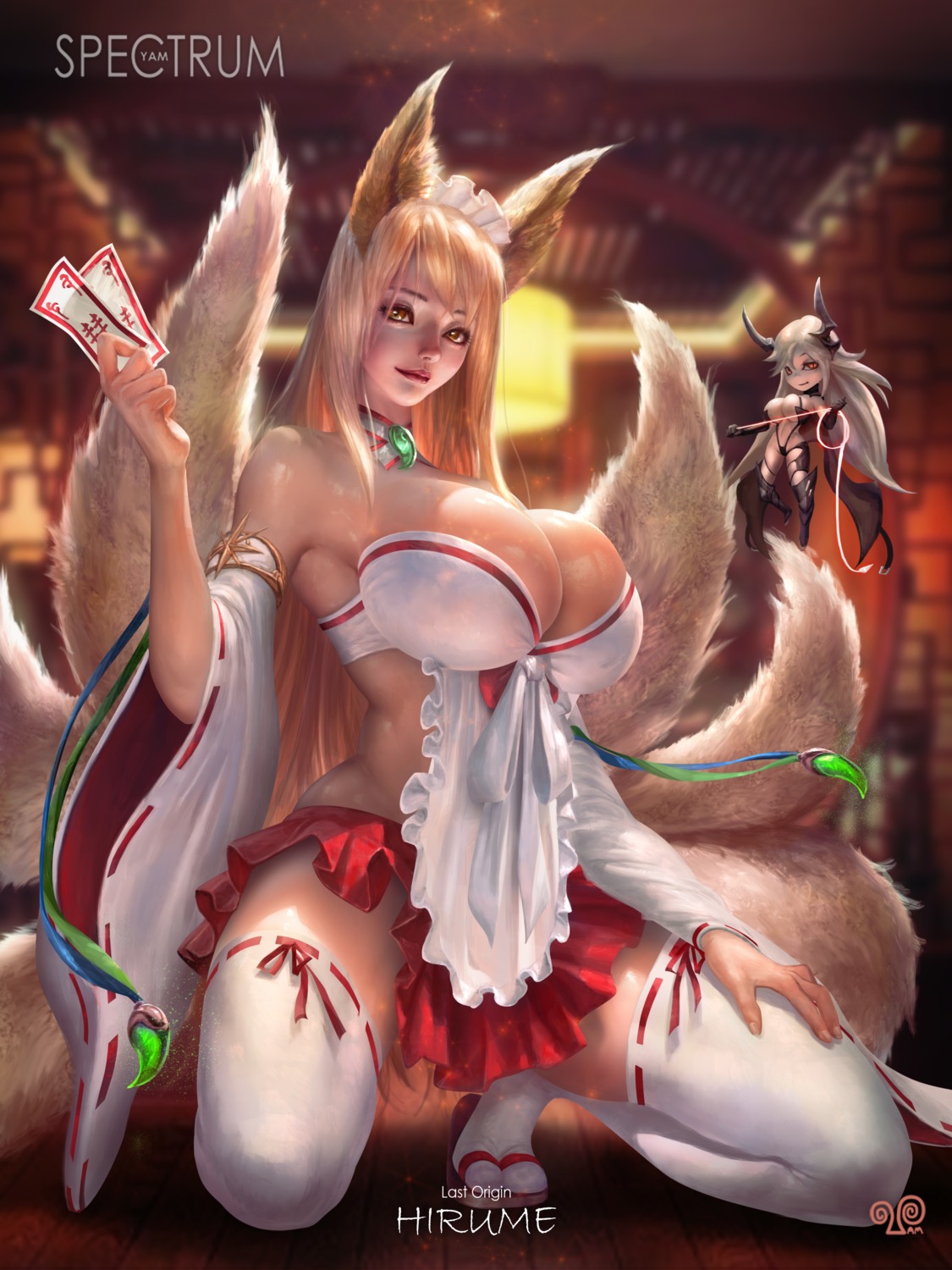 animal_ears chibi hirume_(last_origin) horns japanese_clothes kitsune last_origin no_bra tail thighhighs weapon yam_spectrum