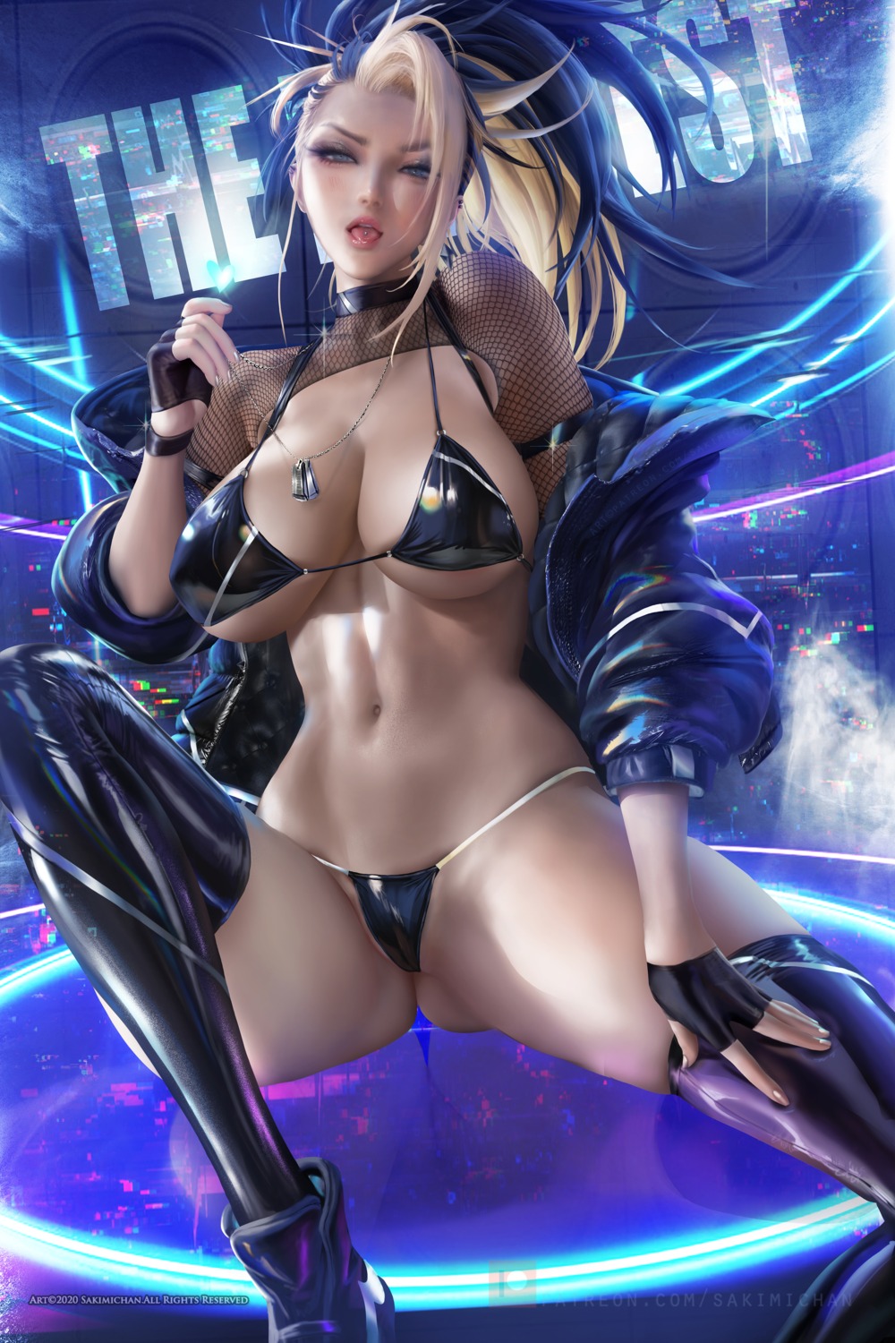 akali bikini cameltoe erect_nipples fishnets garter league_of_legends open_shirt sakimichan swimsuits thighhighs thong