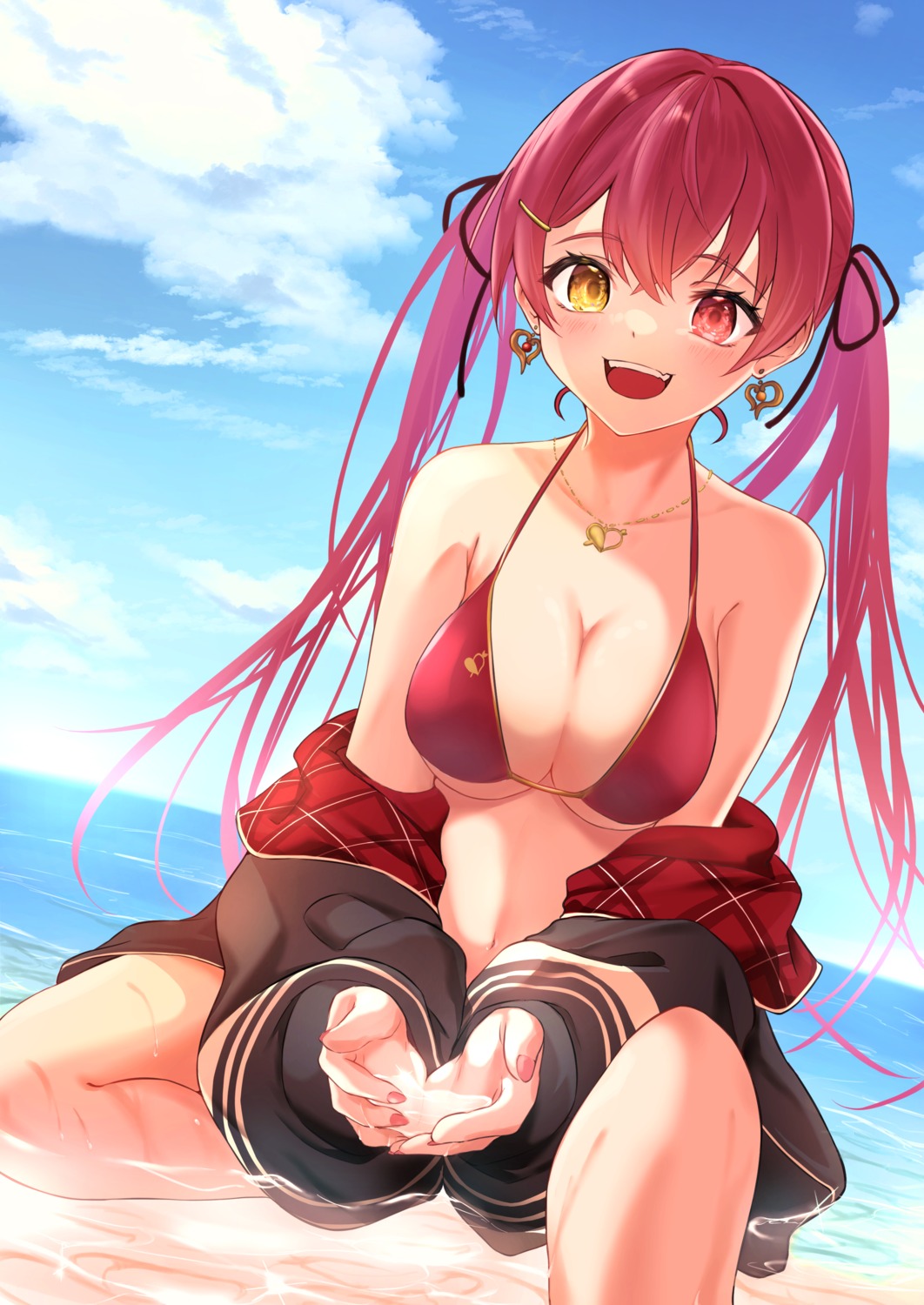 amaguri_(guri_0330) bikini_top heterochromia hololive houshou_marine open_shirt swimsuits wet