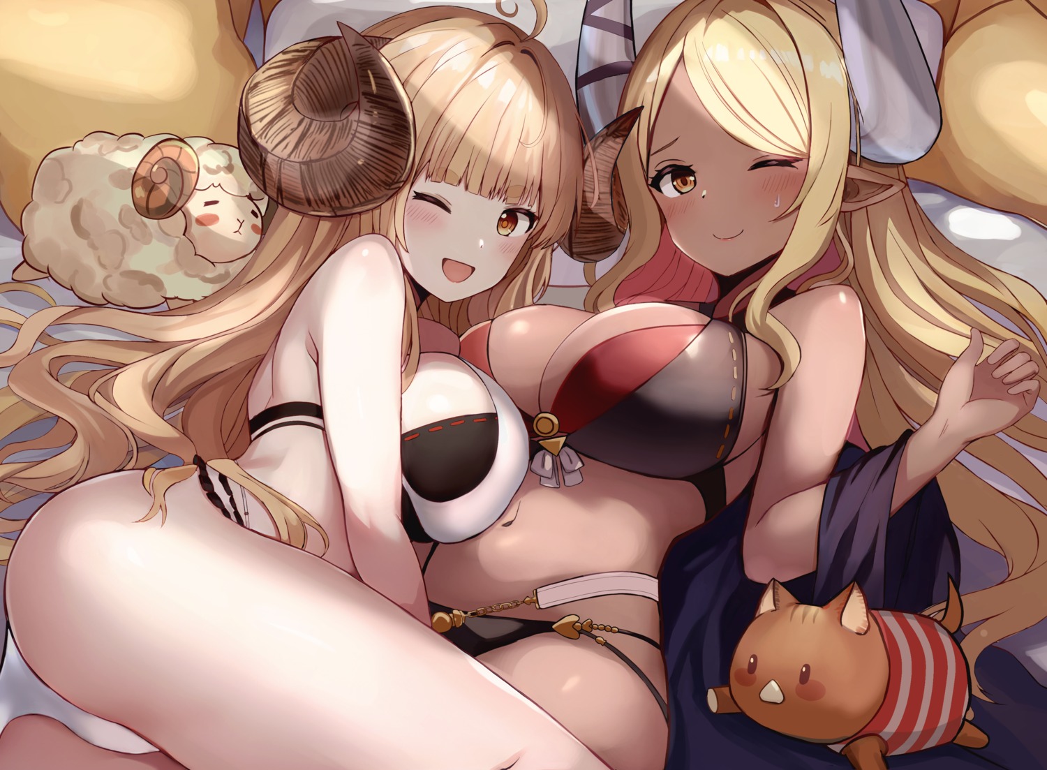 anila_(granblue_fantasy) ass bikini granblue_fantasy horns kumbhira_(granblue_fantasy) myown open_shirt pointy_ears swimsuits thong