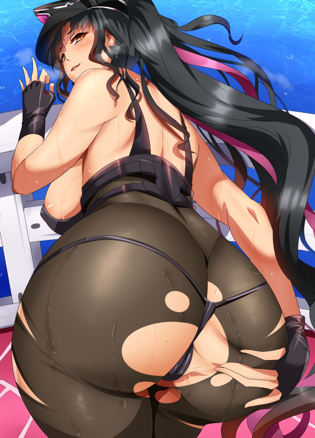 areola ass ass_grab cameltoe erect_nipples fate/grand_order magukappu no_bra pantsu pantyhose sessyoin_kiara thong torn_clothes wet