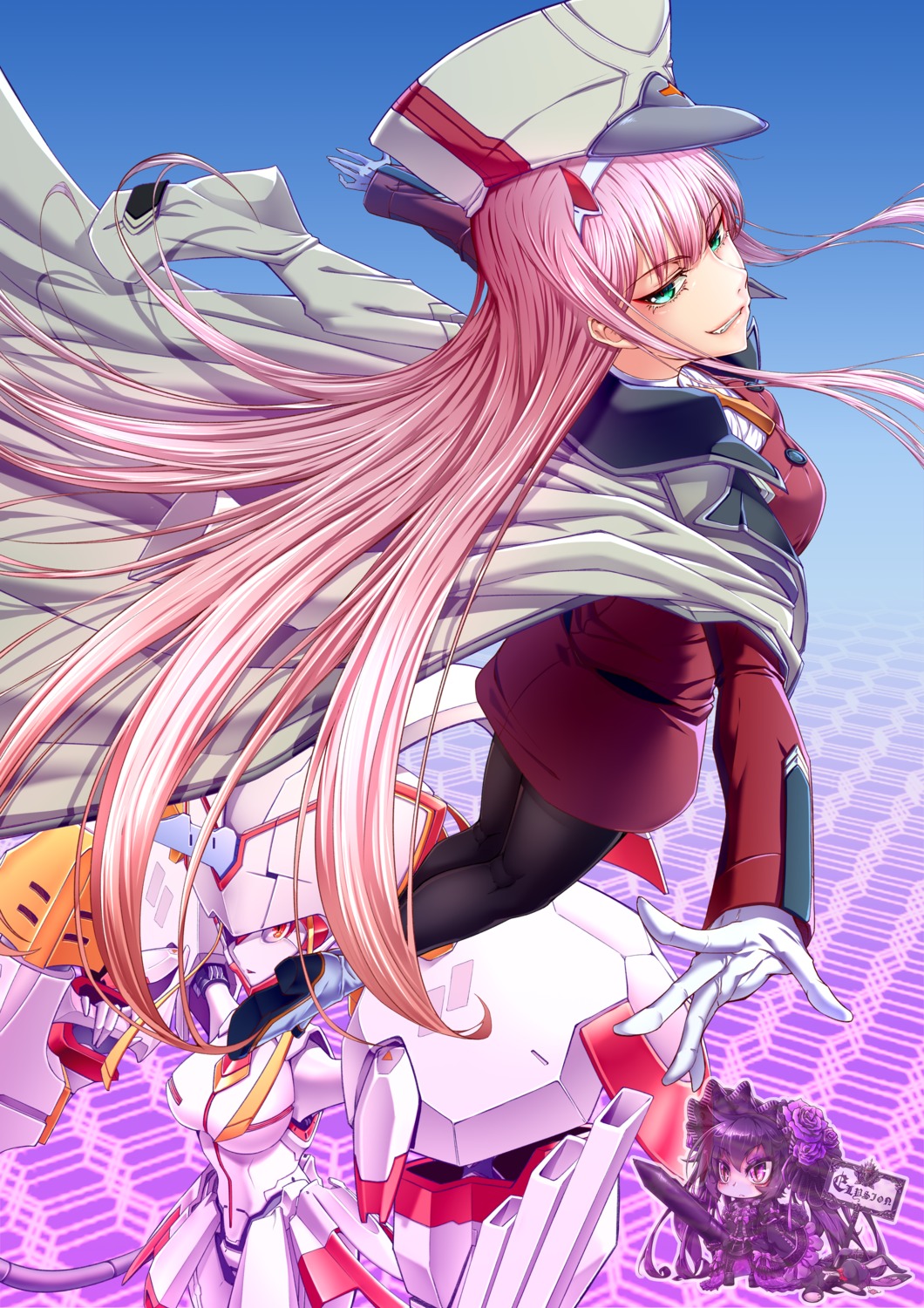 darling_in_the_franxx elysion_(1624528315) heels mecha official_watermark pantyhose uniform zero_two_(darling_in_the_franxx)