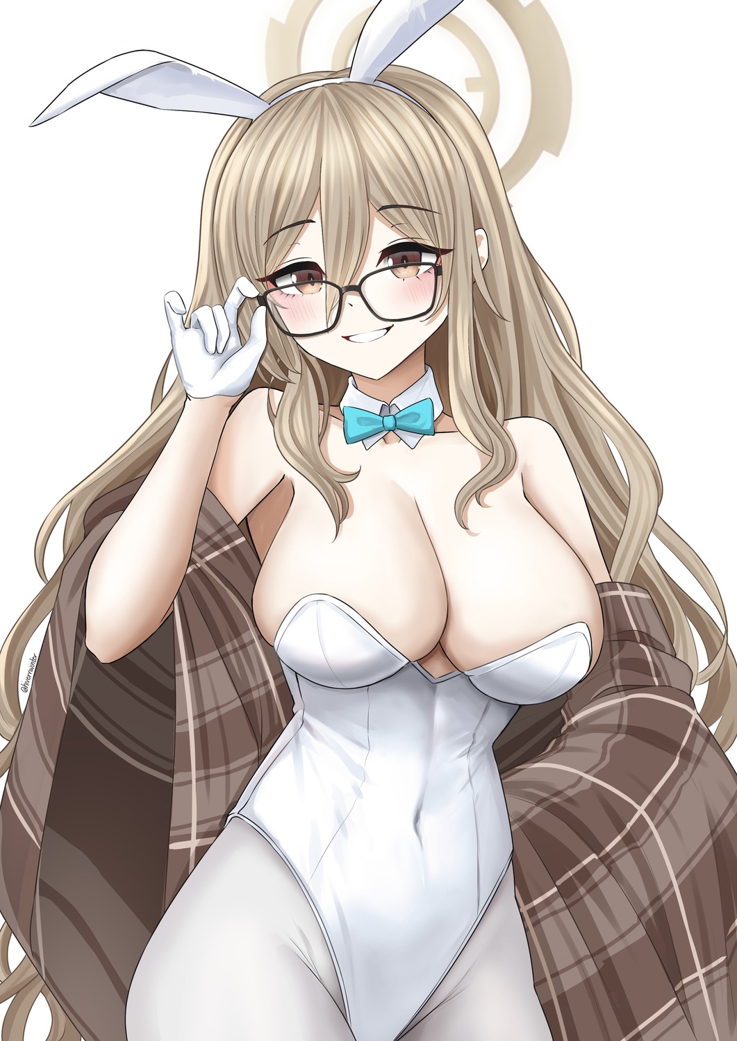 animal_ears blue_archive bunny_ears bunny_girl halo hivern megane murokasa_akane no_bra pantyhose