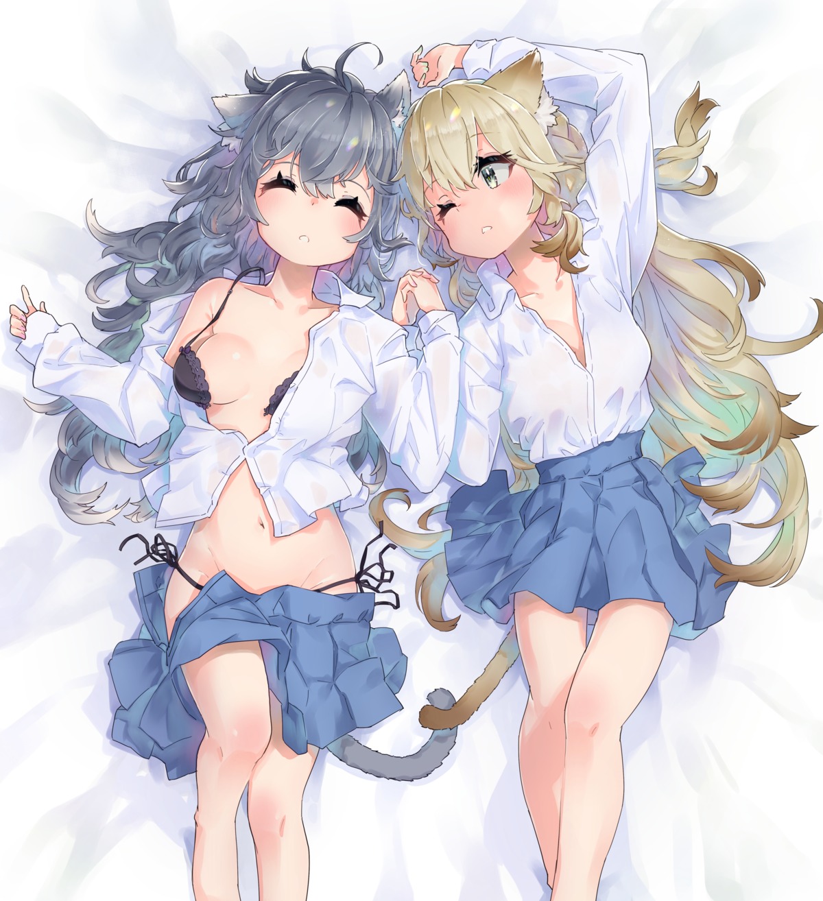 animal_ears bra nekomimi no_bra open_shirt pantsu seifuku skirt_lift string_panties tagme tail yuri