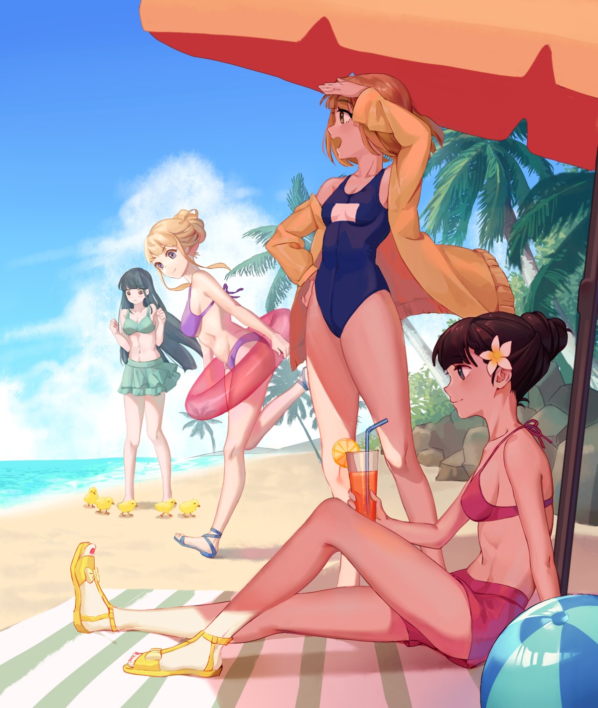 bikini cleavage dama_(sindygao) kobuchizawa_shirase miyake_hinata open_shirt school_swimsuit shiraishi_yuzuki sora_yori_mo_tooi_basho swimsuits tamaki_mari