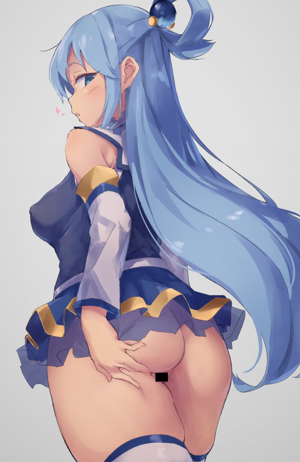 aqua_(konosuba) ass censored erect_nipples kono_subarashii_sekai_ni_shukufuku_wo! nopan pussy see_through skirt_lift thighhighs waremono