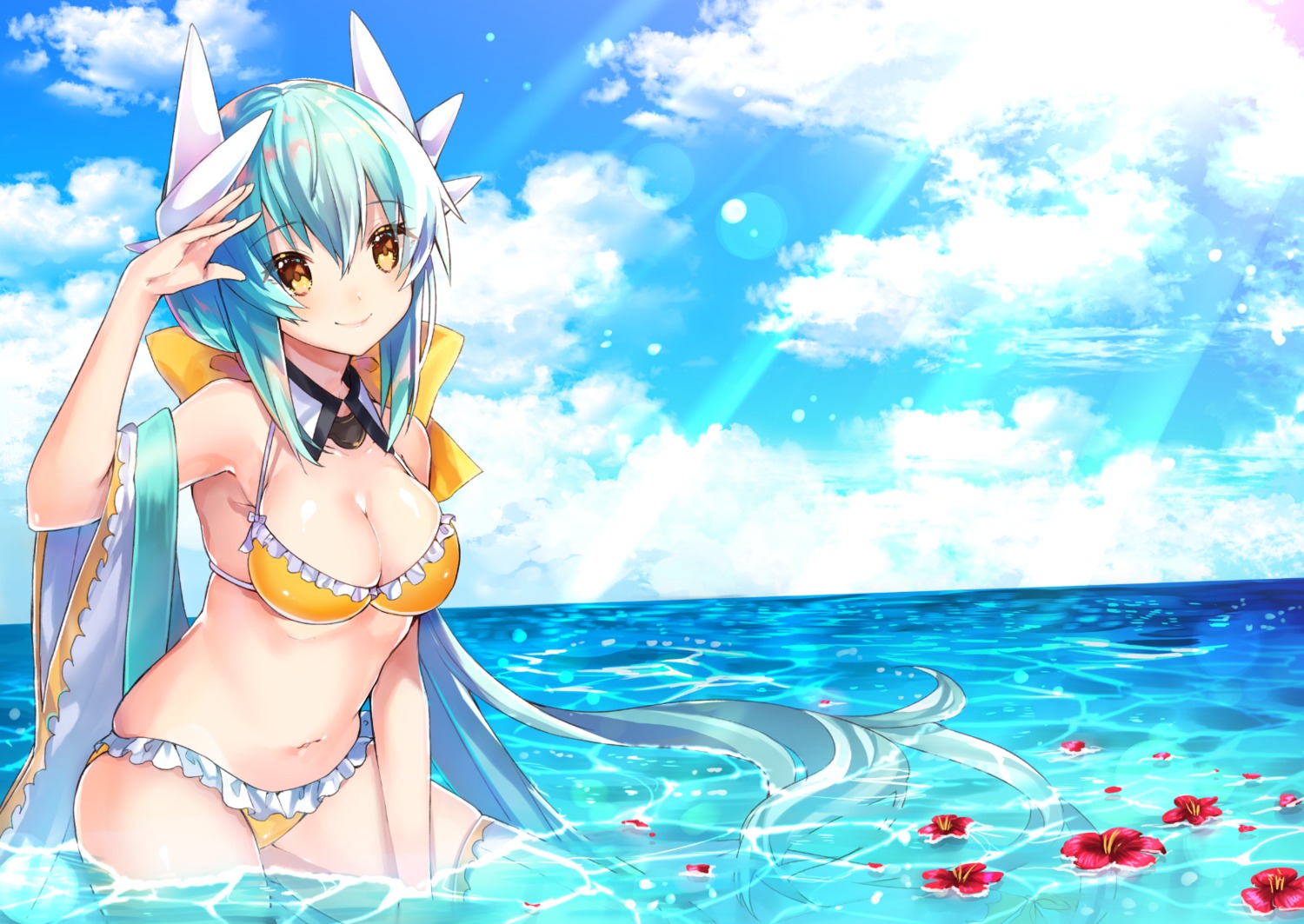 bikini cleavage fate/grand_order horns kiyohime_(fate/grand_order) sakofu swimsuits thighhighs wet