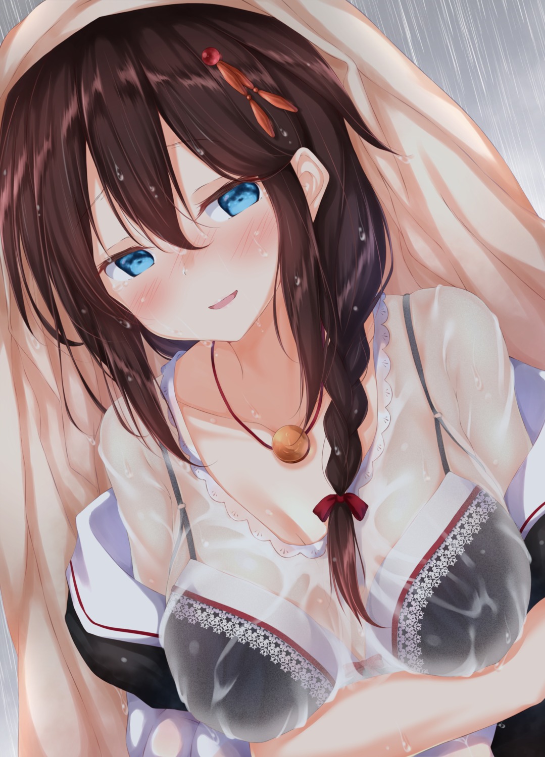 bra breast_hold kantai_collection numpopo see_through seifuku shigure_(kancolle) wet wet_clothes