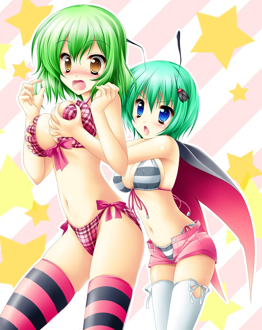 bikini breast_grab cleavage erect_nipples kamiya_tomoe kazami_yuuka swimsuits thighhighs touhou wriggle_nightbug yuri