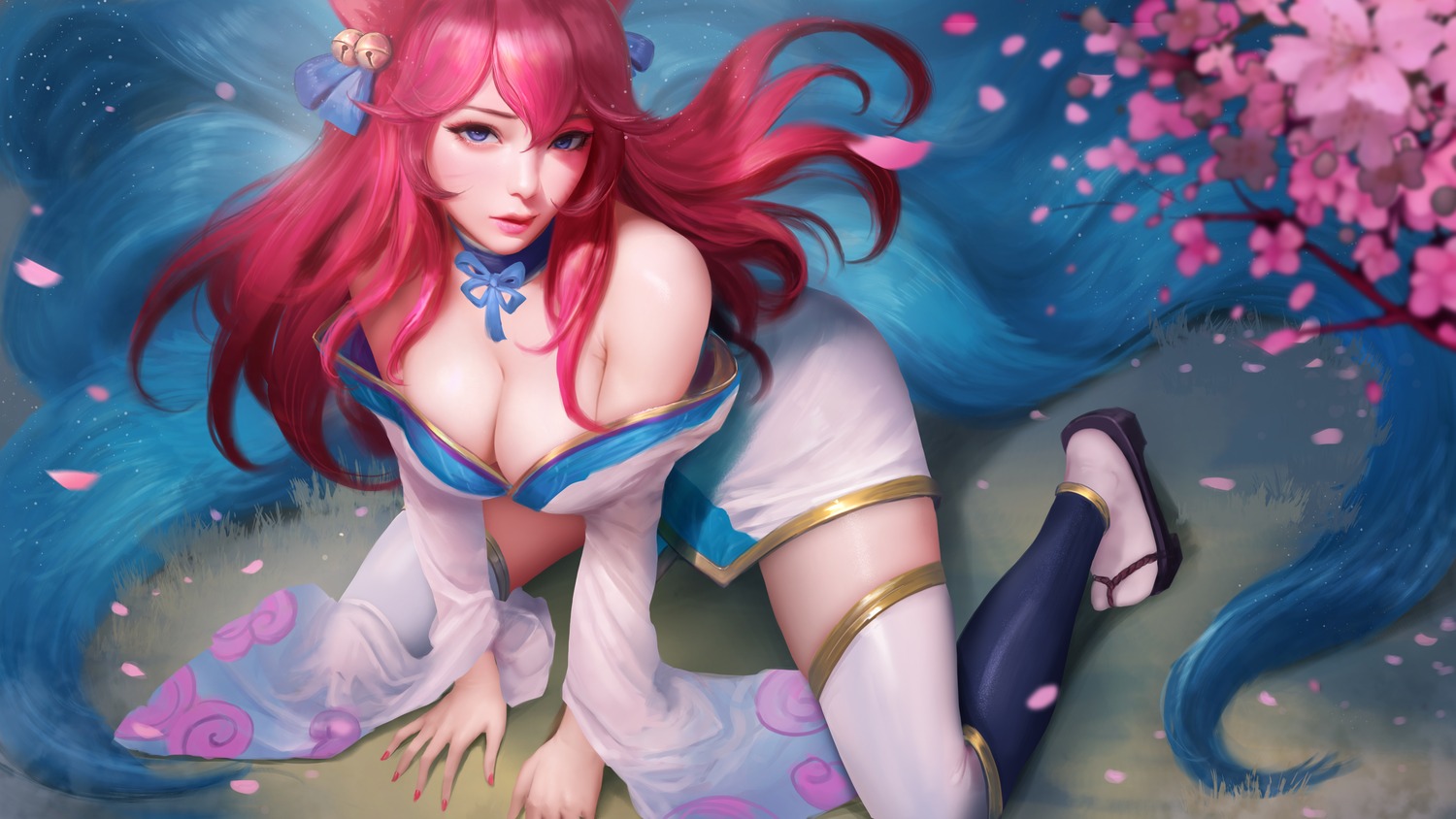 ahri animal_ears japanese_clothes kitsune league_of_legends no_bra open_shirt tail thighhighs windwalker