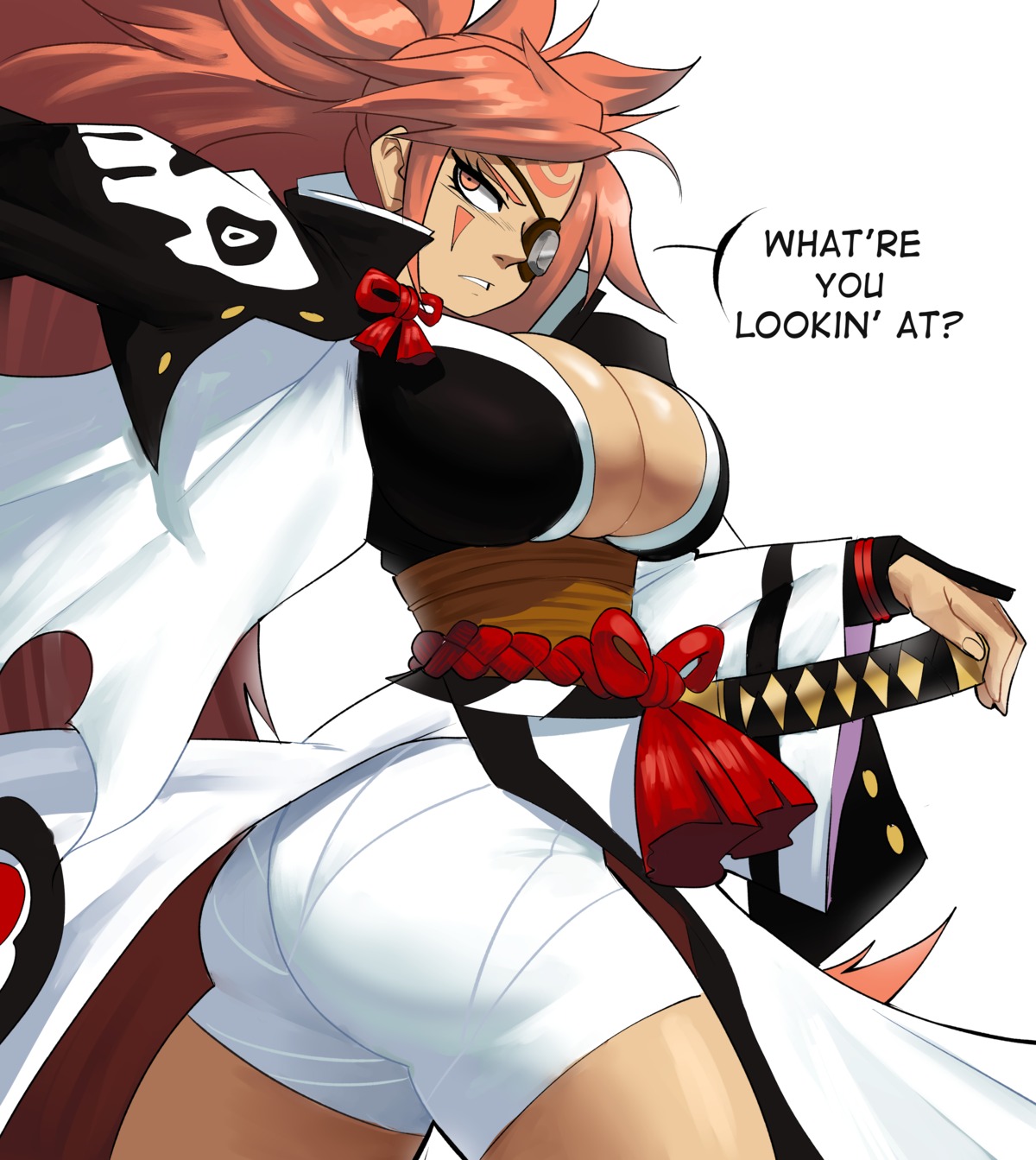 ass baiken cleavage echo_saber eyepatch guilty_gear japanese_clothes no_bra open_shirt sword tattoo