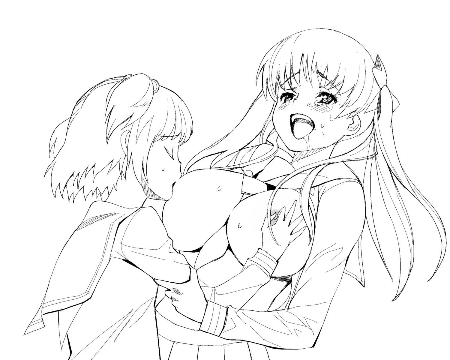 a1 breast_grab breasts haramura_nodoka initial-g kataoka_yuuki monochrome nipples saki seifuku sketch yuri