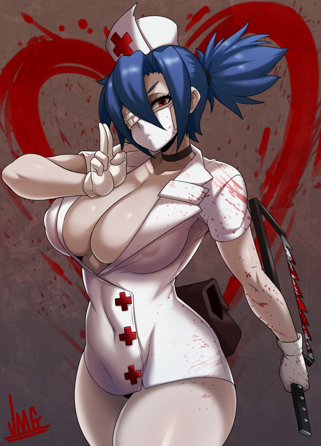 blood erect_nipples eyepatch jmg no_bra nurse open_shirt pantsu skullgirls valentine_(skullgirls) weapon