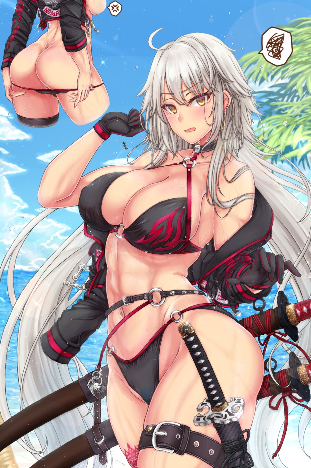 bikini cleavage erect_nipples fate/grand_order garter jeanne_d'arc jeanne_d'arc_(alter)_(fate) mickey_dunn open_shirt panty_pull swimsuits sword undressing