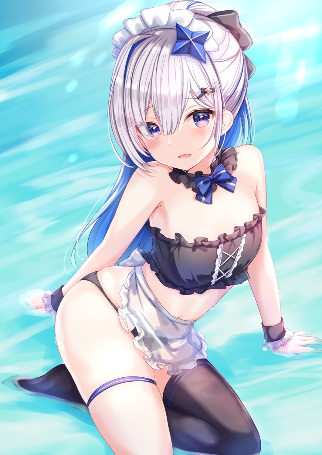 amane_kanata garter hololive maid no_bra pantsu see_through thighhighs wet yuano