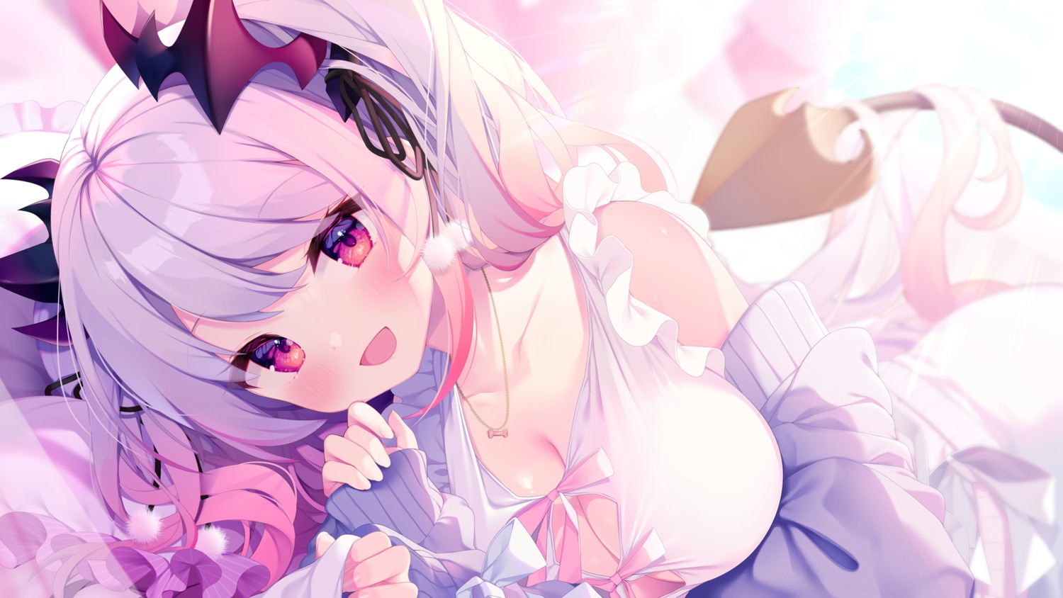 cleavage honey_strap horns nanashi_inc. no_bra shika_yuno suou_patra sweater tail wallpaper