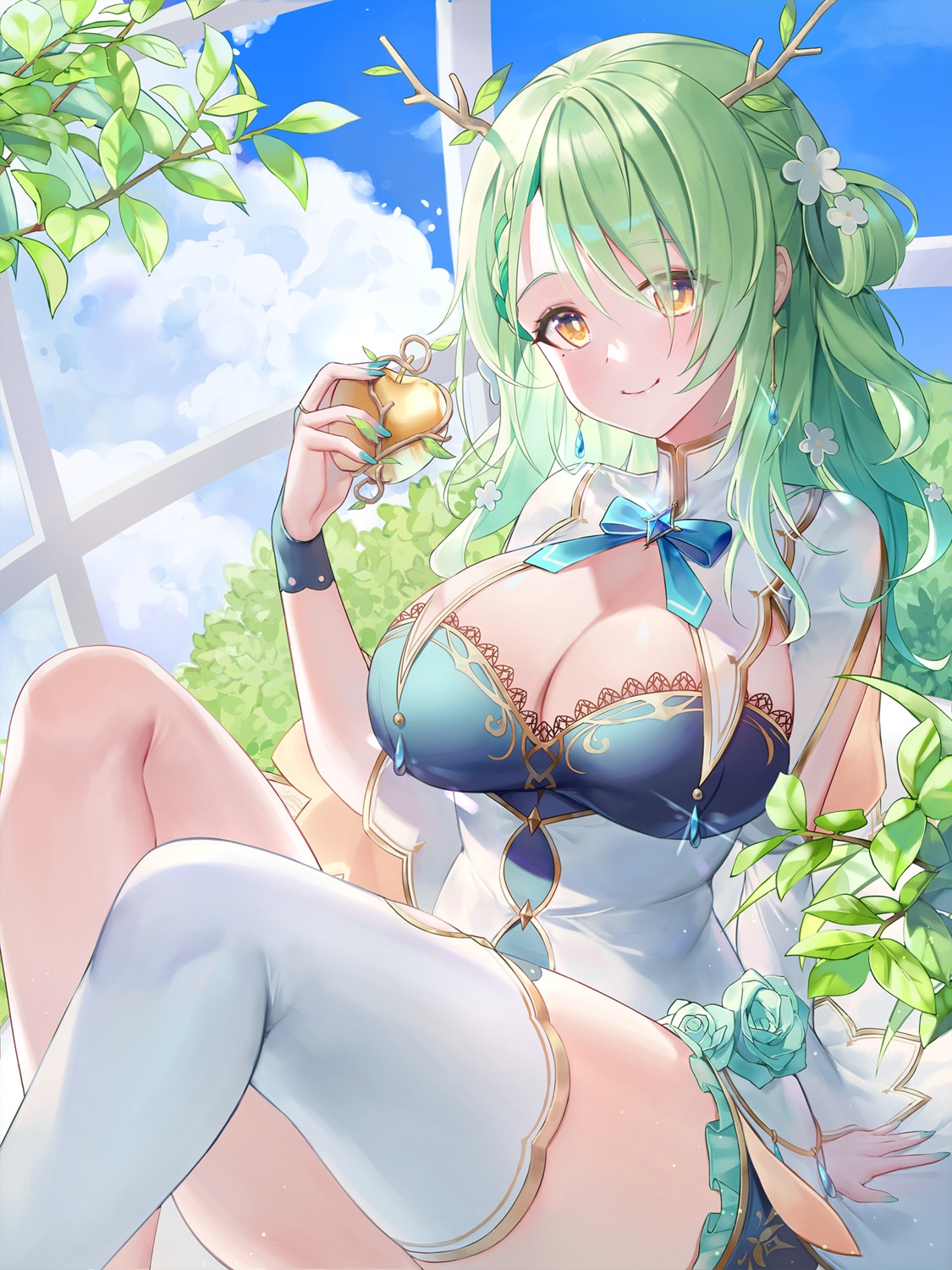 ceres_fauna hololive hololive_english horns laevan no_bra thighhighs