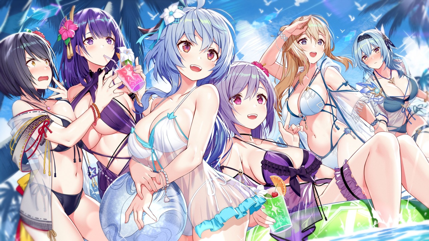 akusema bikini cleavage eula ganyu garter genshin_impact horns jean_(genshin_impact) keqing kujou_sara open_shirt raiden_shogun see_through swimsuits wet