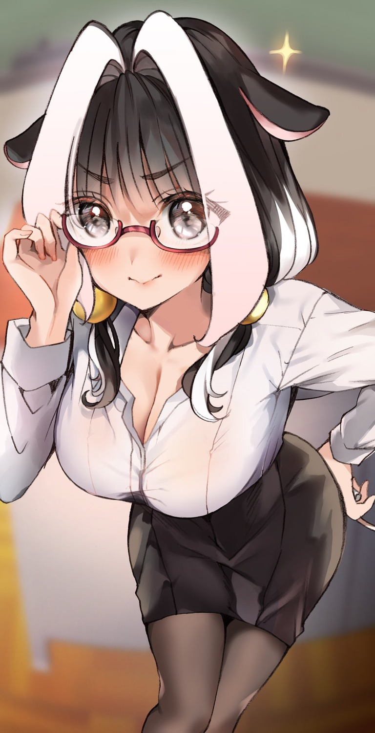 animal_ears megane no_bra noyama open_shirt see_through