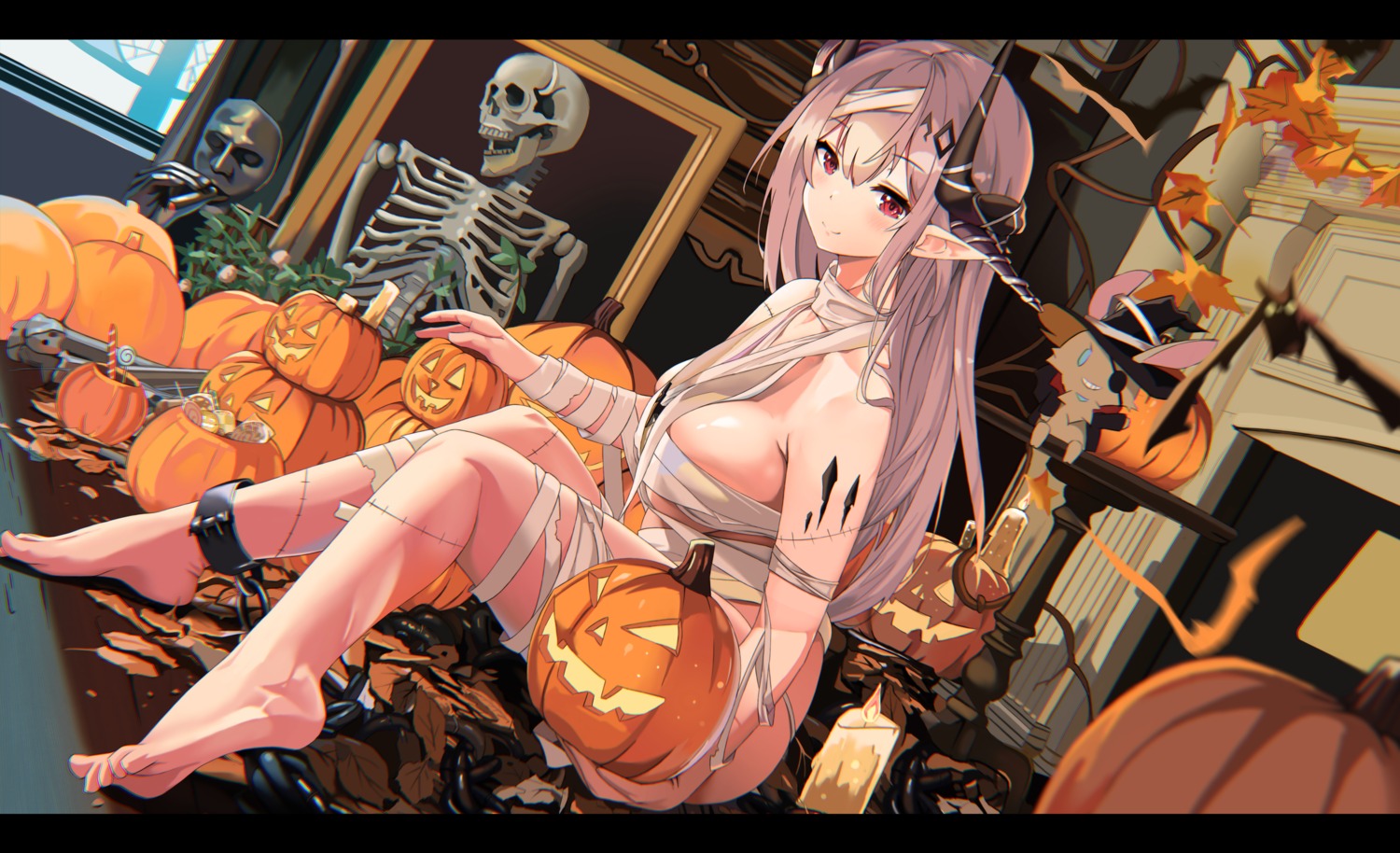 arknights auguste bandages bondage feet halloween horns mudrock_(arknights) naked_ribbon pantsu pointy_ears