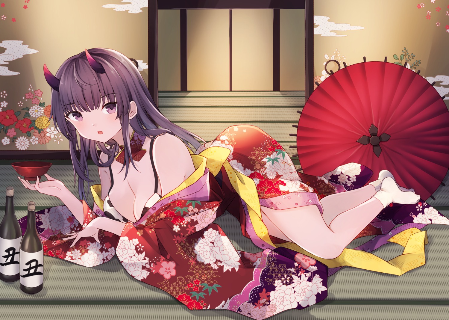 bikini_top horns kimono sake swimsuits umbrella yua_(bokubo0806)