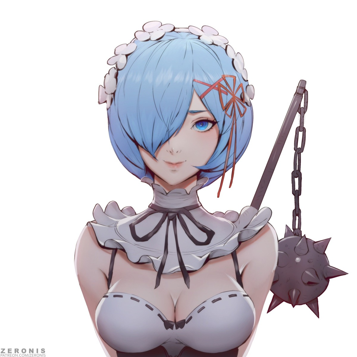 cleavage maid official_watermark re_zero_kara_hajimeru_isekai_seikatsu rem_(re_zero) weapon zeronis