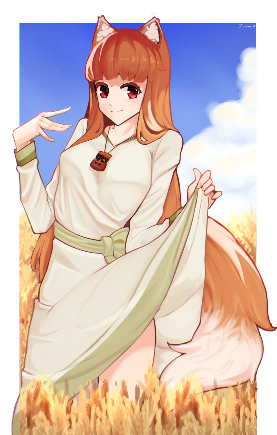 animal_ears dress holo skirt_lift spice_and_wolf tail yoomix