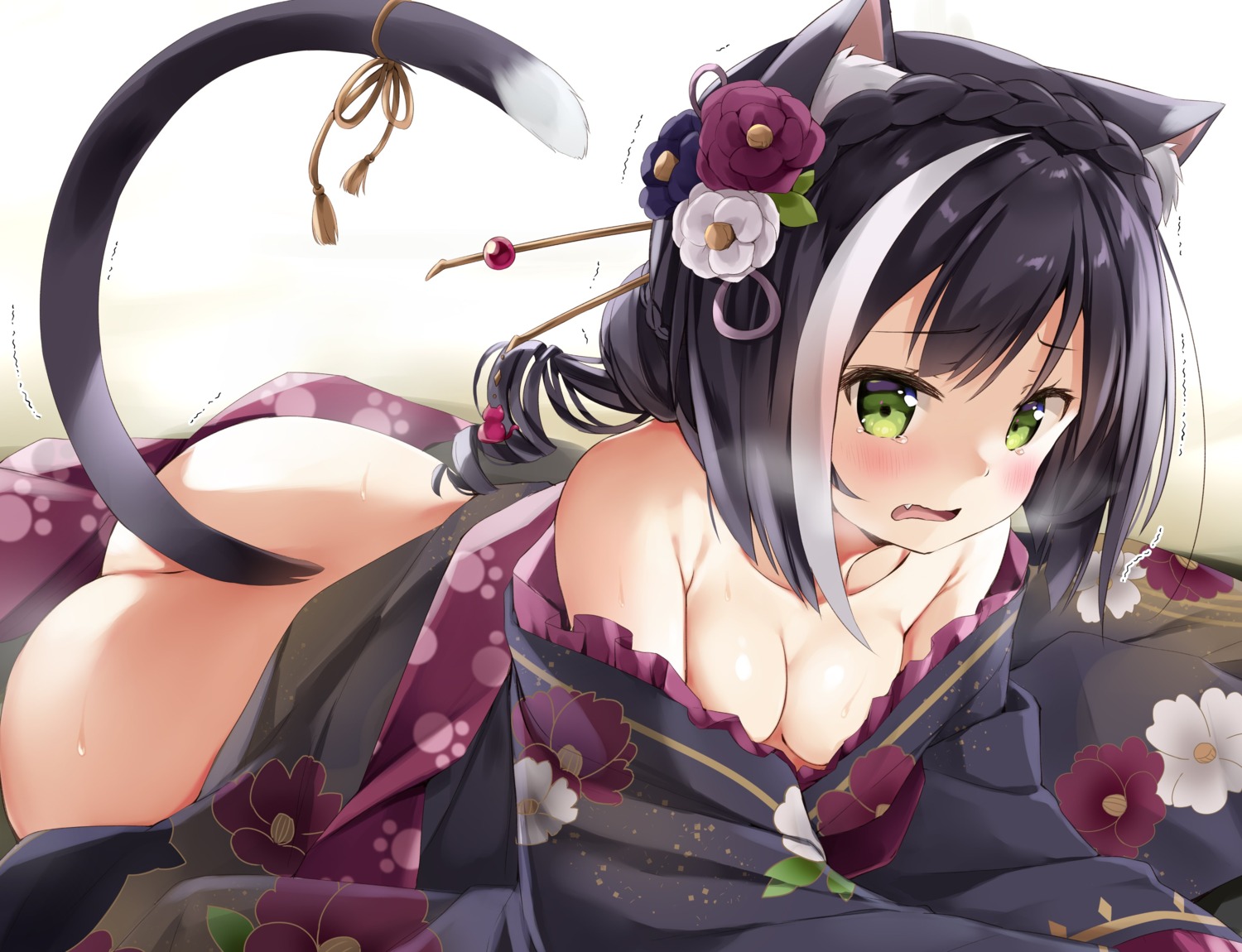 animal_ears ass japanese_clothes jpeg_artifacts karyl_(princess_connect) natsume_eri nekomimi no_bra nopan open_shirt princess_connect princess_connect!_re:dive skirt_lift tail