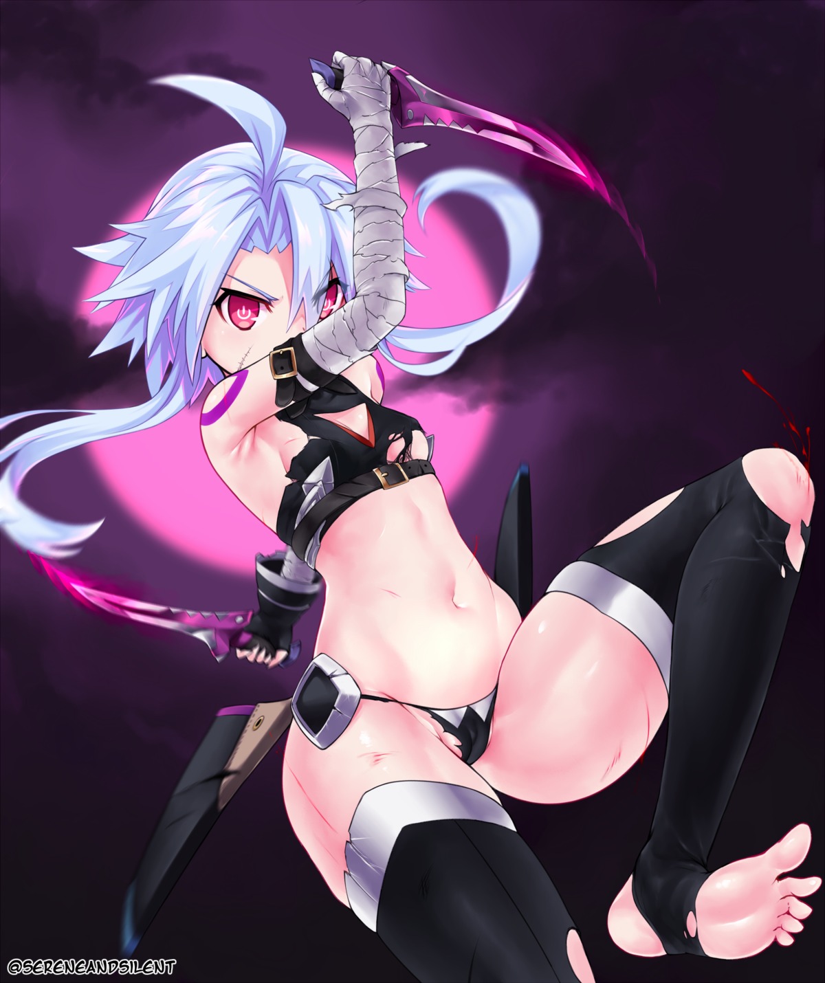 bandages blanc blood cameltoe choujigen_game_neptune fate/grand_order feet jack_the_ripper no_bra pantsu sereneandsilent tattoo thighhighs torn_clothes weapon