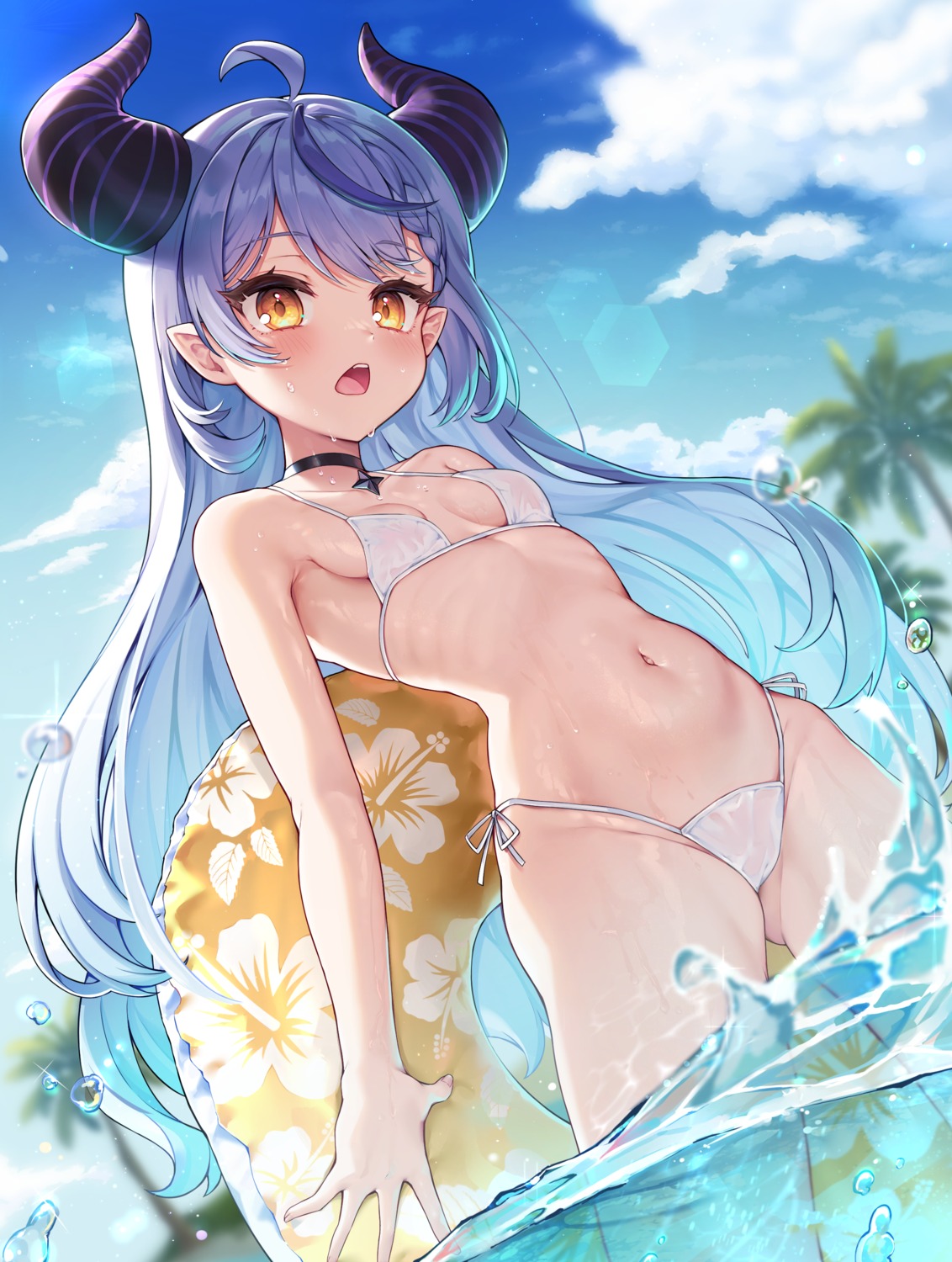 bikini cameltoe hololive horns la+_darknesss loli mono_mon__ pointy_ears see_through swimsuits wet wet_clothes
