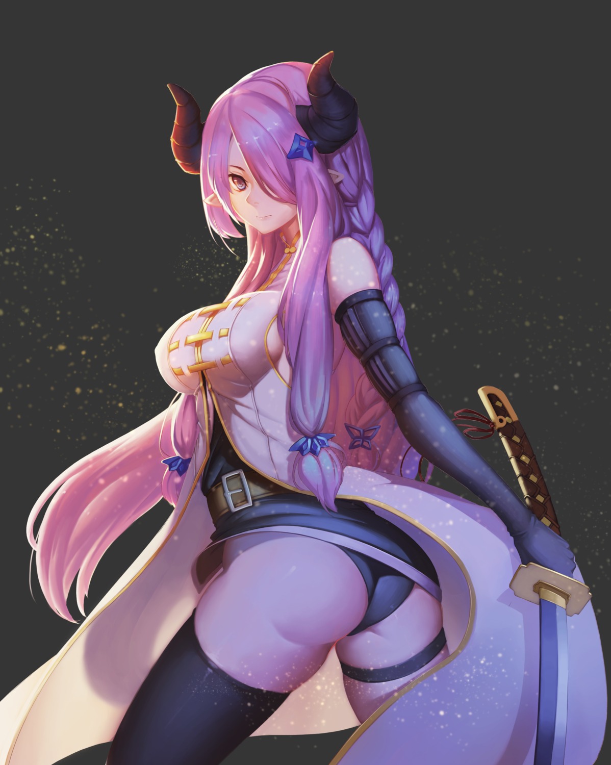 ass gallant99770 granblue_fantasy horns narumeia_(granblue_fantasy) no_bra pantsu pointy_ears sword thighhighs