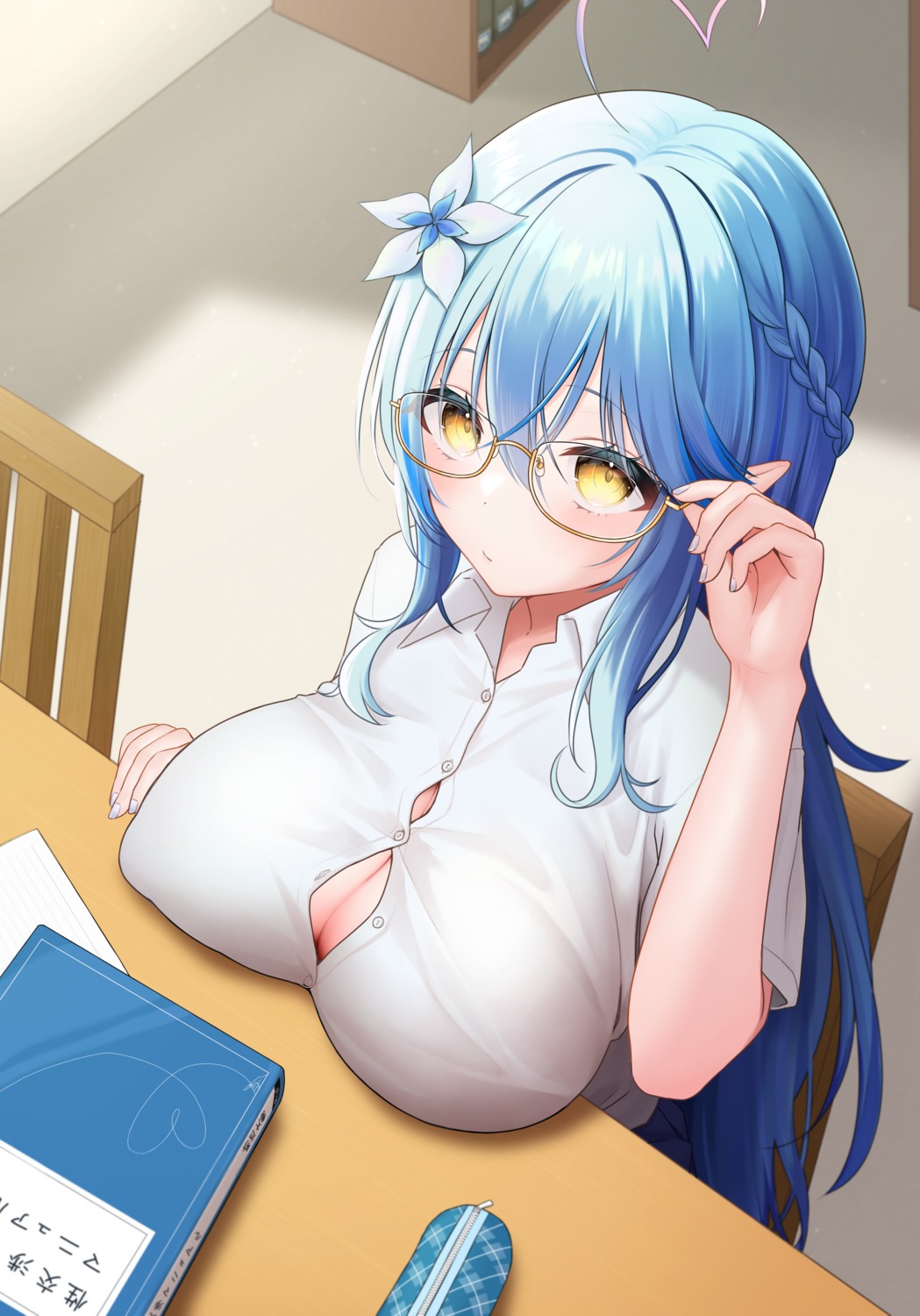 cleavage elf erect_nipples hololive megane no_bra norato pointy_ears wardrobe_malfunction yukihana_lamy