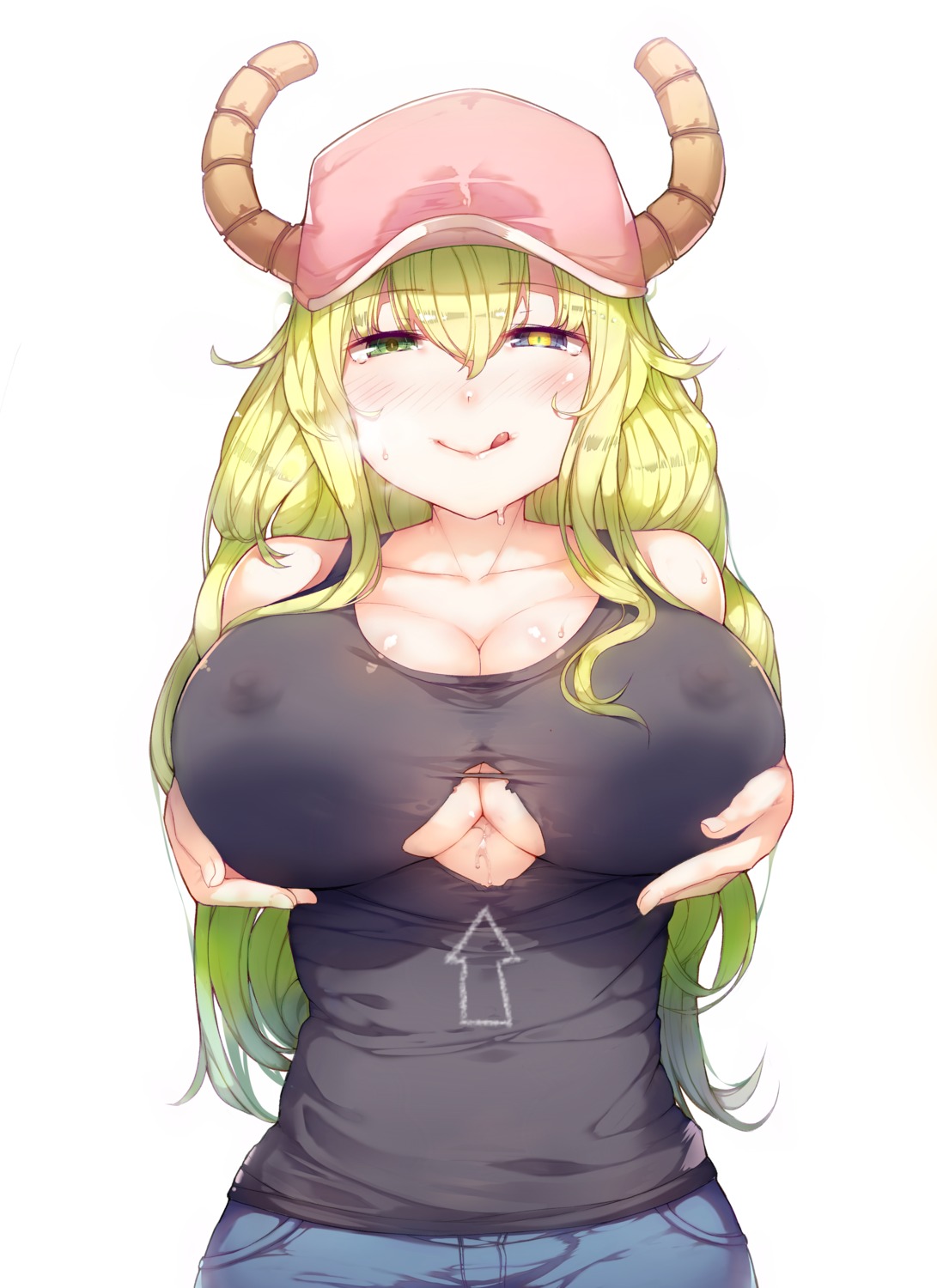 breast_hold erect_nipples horns kimoshi kobayashi-san_chi_no_maidragon no_bra quetzalcoatl_(maidragon) torn_clothes