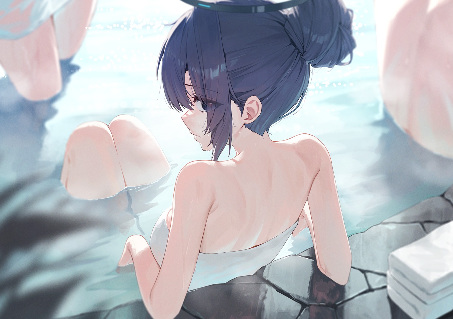 bathing blue_archive gnns halo hayase_yuuka onsen see_through towel wet