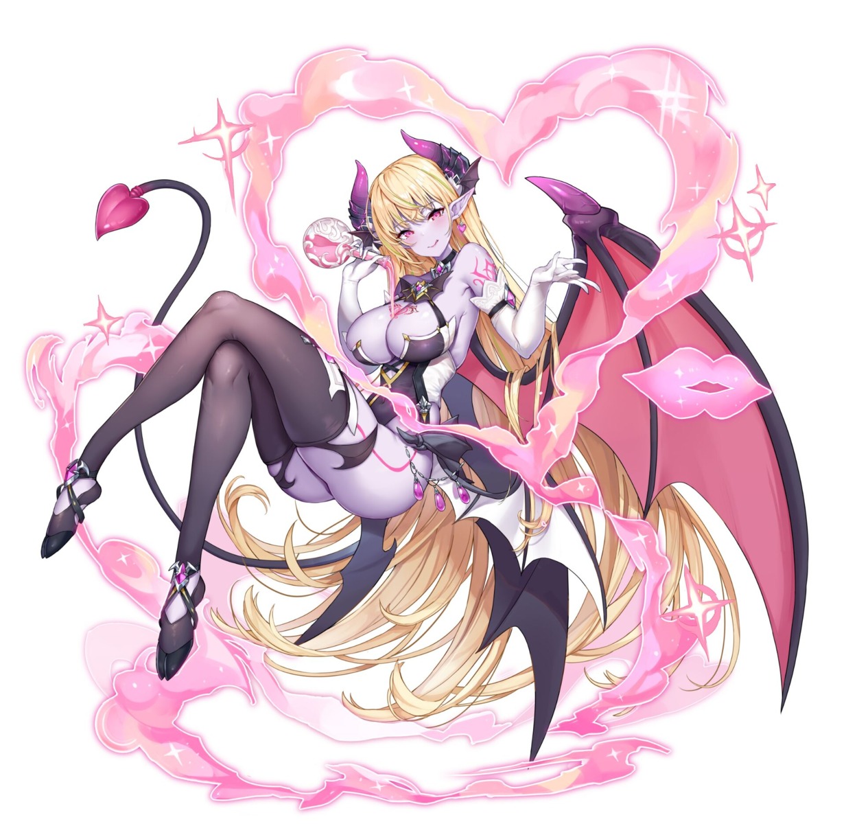 horns ji_dan no_bra pointy_ears tail tattoo thighhighs wings