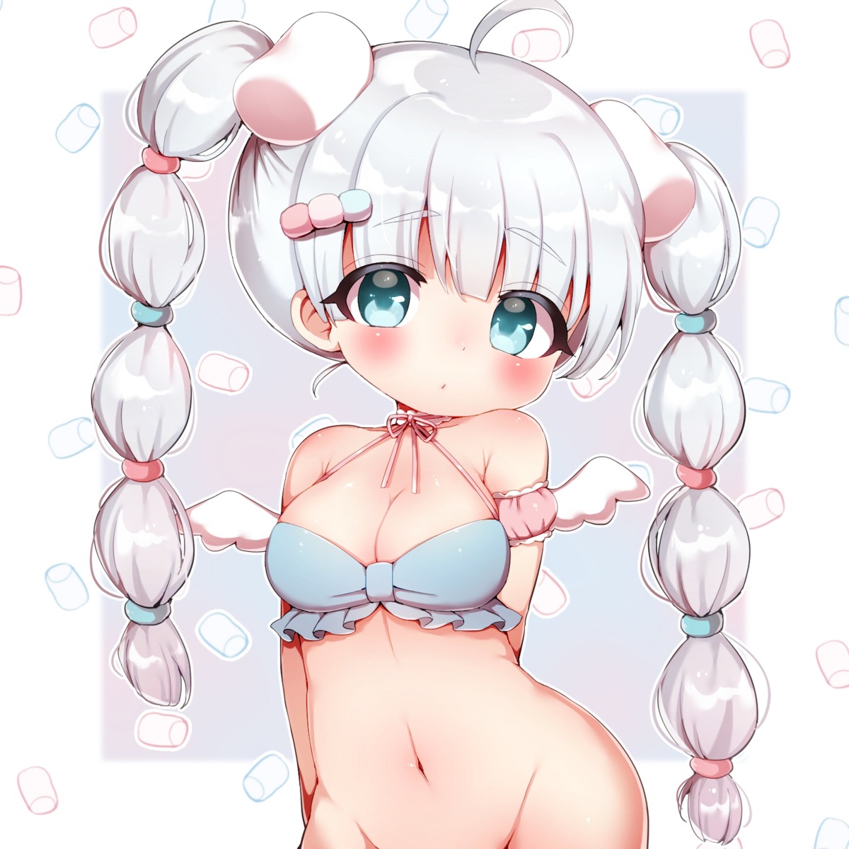 bikini_top bottomless chibi momozu_komamochi swimsuits wings