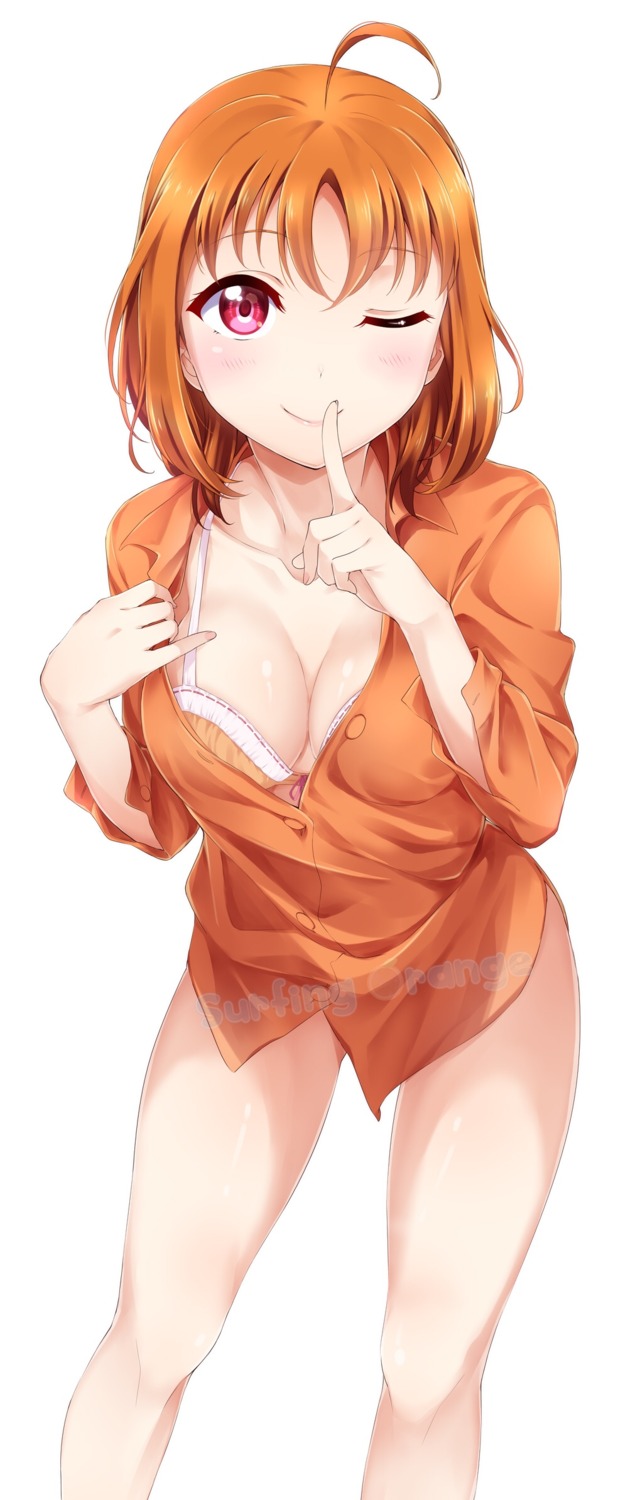 bottomless bra cleavage love_live!_sunshine!! open_shirt surfing_orange takami_chika undressing watermark