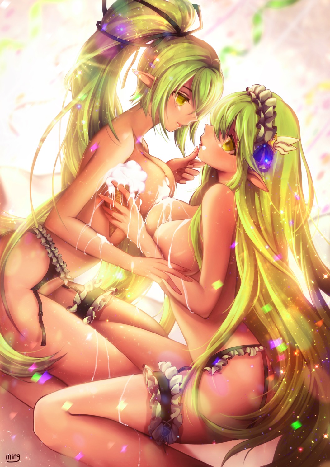 cream elf elsword garter garter_belt ming_(wldi0132) naked pointy_ears rena_(elsword) yuri