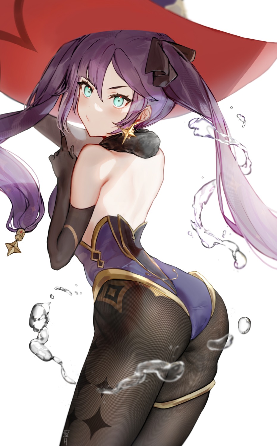 ass garter genshin_impact leotard mona_megistus no_bra pantyhose shimotsuki_(n0vem3erxxx) witch