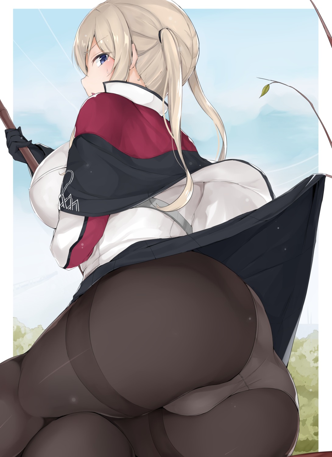 ass graf_zeppelin_(kancolle) kantai_collection maruya1006 pantsu pantyhose skirt_lift uniform wardrobe_malfunction