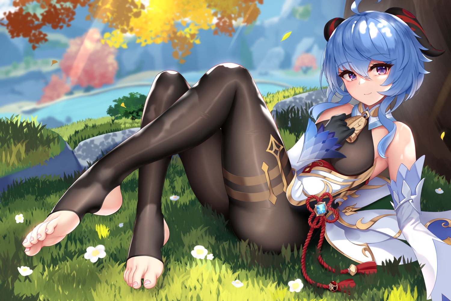 asian_clothes damao_yu feet ganyu genshin_impact horns no_bra pantyhose possible_duplicate skirt_lift