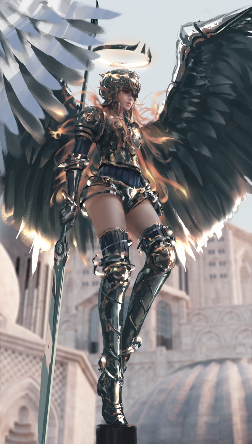 angel armor thighhighs weapon wings wlop