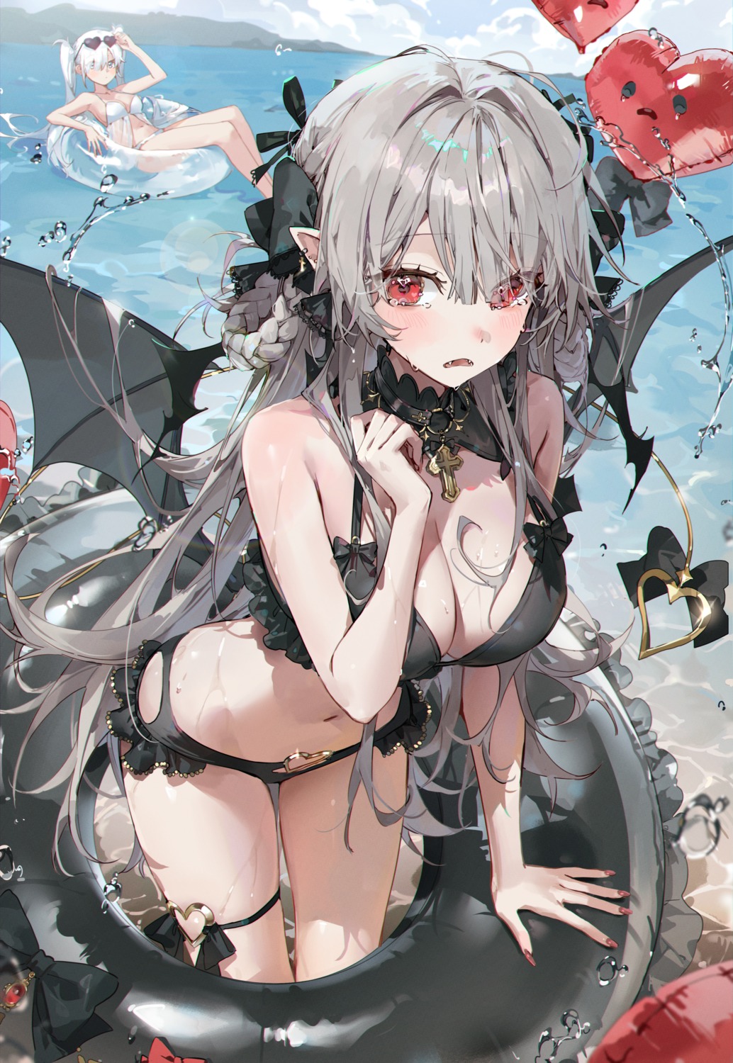 bikini devil garter kellymonica02 megane pointy_ears see_through swimsuits tail wet wings